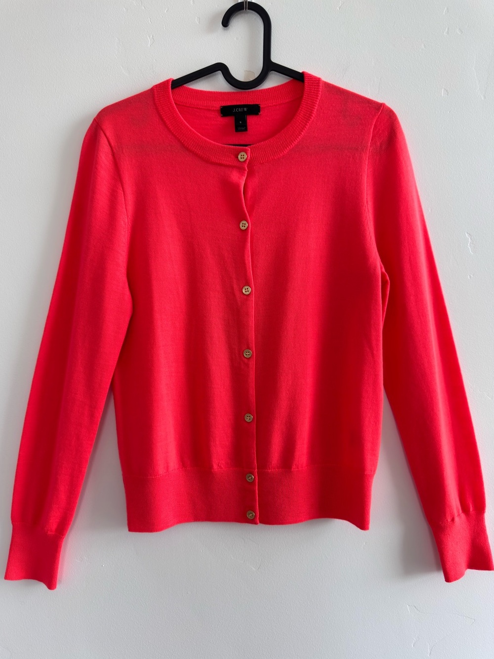 J.Crew Jackie Cardigan 100% Merino Wool Neon Orange Gold Buttons Size S Preppy